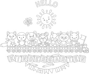 Wall Mural - Hello kindergarten card with funny cartoony baby animals, a toy train, bricks with letters, color pencils, a smiling sun and holiday flags, black and white vector illustration for a coloring book