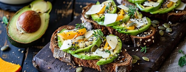 Wall Mural - Avocado toasts with rye bread, sliced avocado, cheese, for breakfast or lunch, healthy food concept