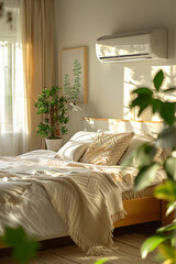 Modern style bedroom decoration, with plants and a wall-mounted air conditioner in warm colors.