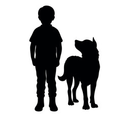 Sticker - A child stand with a dog vector silhouette, blak color silhouette, similar this image