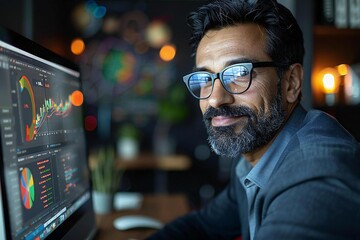 Portrait of a beautiful mature businessman wearing eyeglasses, smiling and looking thoughtfully at his computer screen while working in his office.