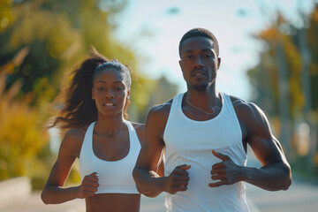 Dynamic Outdoor Running Session of a Joyful Black Couple in Bright Sunlight