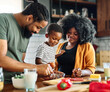© Lumos sp - child family kitchen food boy son mother father breakfast preparing egg morning healthy diet eating home black african american father cooking, parent, cute, meal
