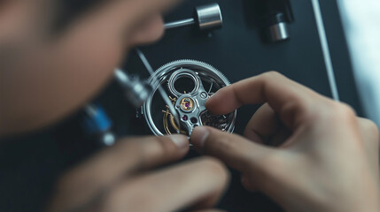 Artisanal watchmaker repairing a luxury timepiece. Close-up photography. Design for skilled craftsmanship, horological art, and precision mechanics concept