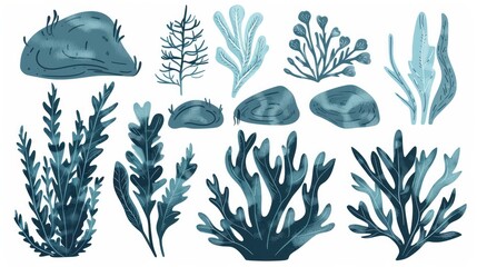 Minimalistic abstract elements for a natural underwater scene including algae