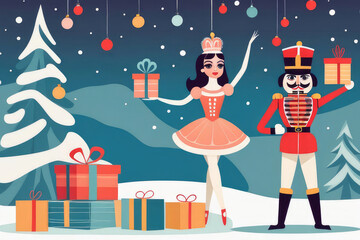 Greeting retro card with nutcracker and ballerina with Christmas snow scene winter landscape.