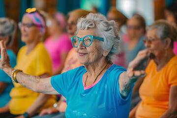 Elderly women engaging in cheerful dance exercise class in community center