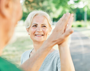 Wall Mural - outdoor senior fitness woman man lifestyle active sport exercise healthy fit couple running jogging elderly mature success victory high five together friend portrait break