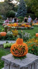 Poster - A carved pumpkin with a spiral design. AI.