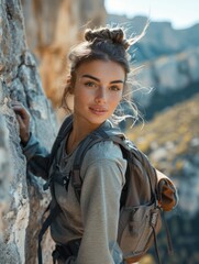 Wall Mural - A woman with a backpack looks at the camera while hiking. AI.