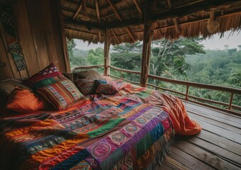 Poster - A bed with colorful blankets and pillows in a wooden hut with a view of a forest. AI.