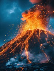 Wall Mural - a volcano erupts, spewing lava and ash into the night sky. ai.