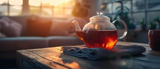 Poster - A teapot of tea on a wooden table in the warm light of sunset. AI.