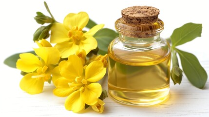 A bottle of evening primrose oil with fresh blooming plant on a dark background