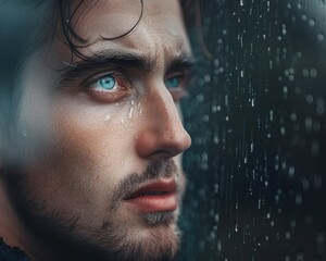 Sticker - A man with blue eyes looking out the window in a rainstorm. AI.