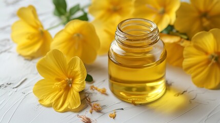 A bottle of evening primrose oil with fresh blooming plant on a dark background