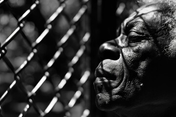 Sticker - A close-up shot of a person's face with a chain-link fence in the foreground. AI.