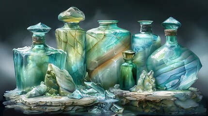 Canvas Print -   A cluster of glass containers rests atop a heap of boulders and frozen water