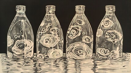 Poster -   Three glass bottles sit together on a water body against a dark backdrop