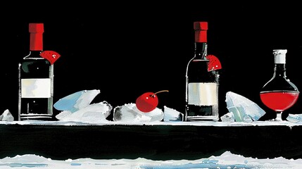 Poster -   A painting of three bottles of wine and a glass on an ice-filled table surrounded by icebergs