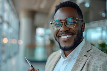 Aufkleber - The beautiful African American businessman is smiling and looking confidently at his checklist, holding a pen and wearing stylish eyeglasses.