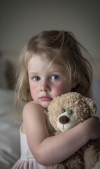 Poster - A young girl hugs her toy bear close. AI.