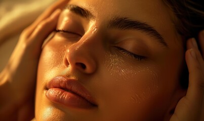 Sticker - Close up of a person's face with skin care product applied. AI.