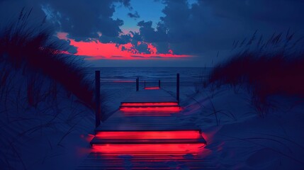 Canvas Print -   A red path leads to the beach with red lights in the sand and grass on either side The final destination is a red light at the end