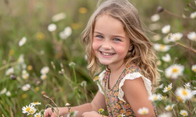 Poster - A young girl smiles while playing in a field of wildflowers. AI.