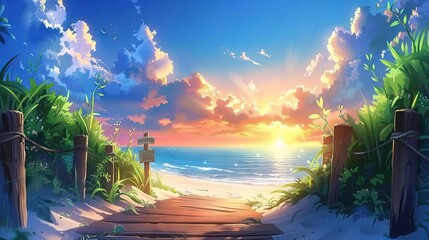 Sticker -  A beach painting, featuring a wooden walkway leading to the ocean and a sunset with cloudy sky