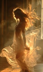 Sticker - A woman in a flowing dress is backlit by the sun. AI.