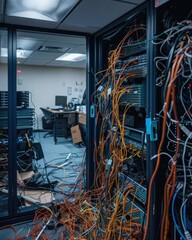 Sticker - A tangled mess of wires in a server room. AI.