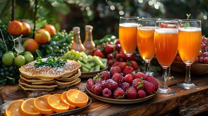 Poster - A table with a variety of fruits and a stack of pancakes