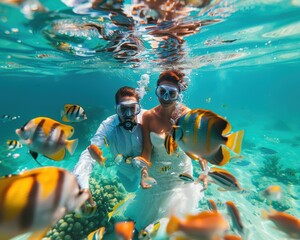 Wall Mural - A couple in scuba gear swims with colorful fish. AI.