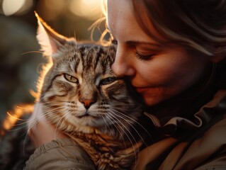 Wall Mural - A woman gently kisses her cat. AI.