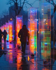 Wall Mural - Colorful lights reflected in puddles on a wet pavement. AI.