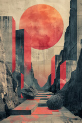 Poster - Elegant scene showcasing a blend of psychedelic shapes and modern geometric designs in a retro risograph print,