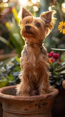 Sticker - A small dog sits in a terracotta pot with a leafy green background. AI.