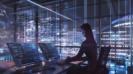 Canvas Print - Woman working at a computer in a modern office with a city view.