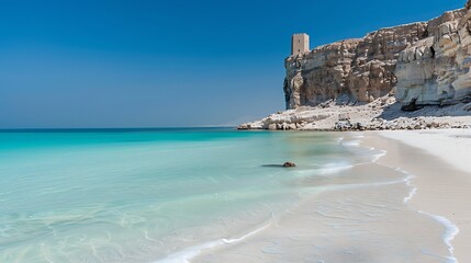 Wall Mural - Stunning view of a white sand beach with crystal clear turquoise waters and a rocky cliff