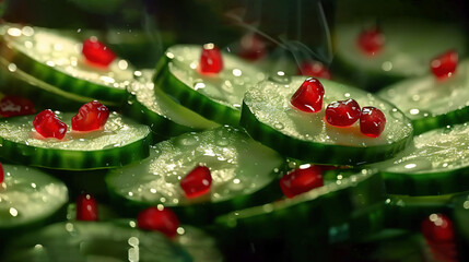 Poster -   A cluster of cucumber slices with droplets of water and a green leaf with a red core