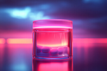 Poster - Sleek design featuring a container of melatonin supplements with a soft neon glow, highlighting improved sleep quality,