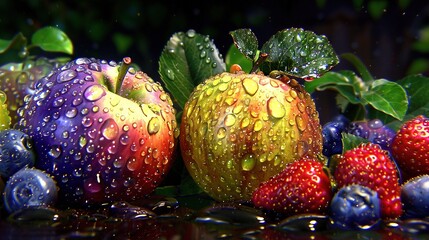 Canvas Print -   A cluster of fruits with water droplets and strawberries and blueberries in close-up