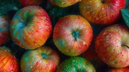 Sticker -   A group of red and green apples with water droplets and leafy crowns