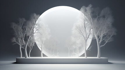 Poster - Interior with circular architecture form in 3D style. Abstract room with arc element and trees.