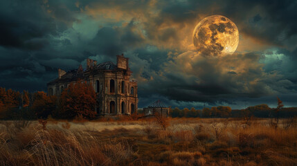 Wall Mural - A large house with a moon in the sky. The house is old and abandoned. Scene is eerie and mysterious