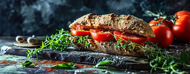 Wall Mural - sandwich featuring tomatoes and herbs over dark table background.