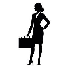 Sticker - a professional business woman stand with suitcase, brifcase, vector silhouette, slim and beautiful woman