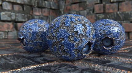 Canvas Print -   A trio of blue vases perched atop tiled tiles beside a brick wall, with the backdrop of another brick wall