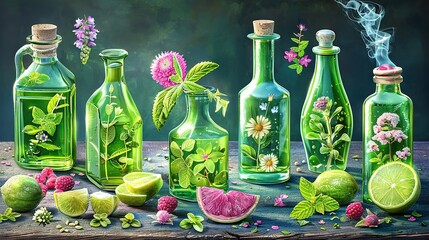 Poster -   A collection of green bottles adorned with floral arrangements, foliage, and fruity accents rest upon a table The room is filled with wafting smoke